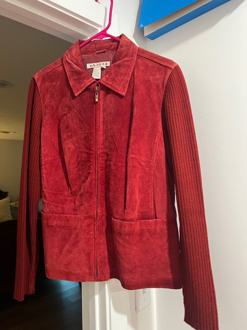 Red Suede & Knit Zip-Front Jacket size Lrg